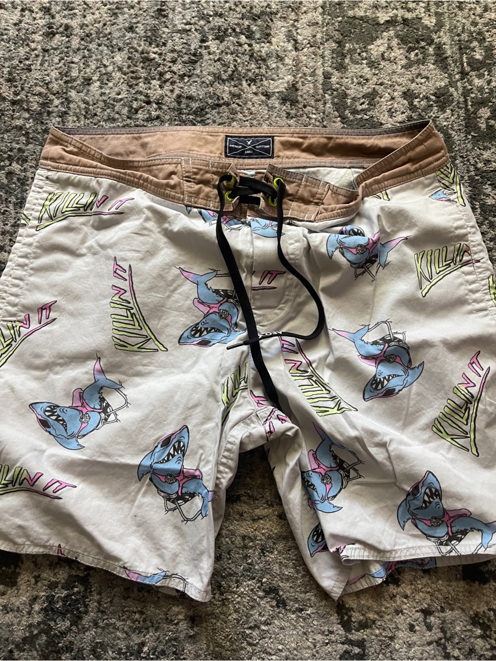 American Eagle Outfitters White Swim Trunks with Blue & Pink Shark Print